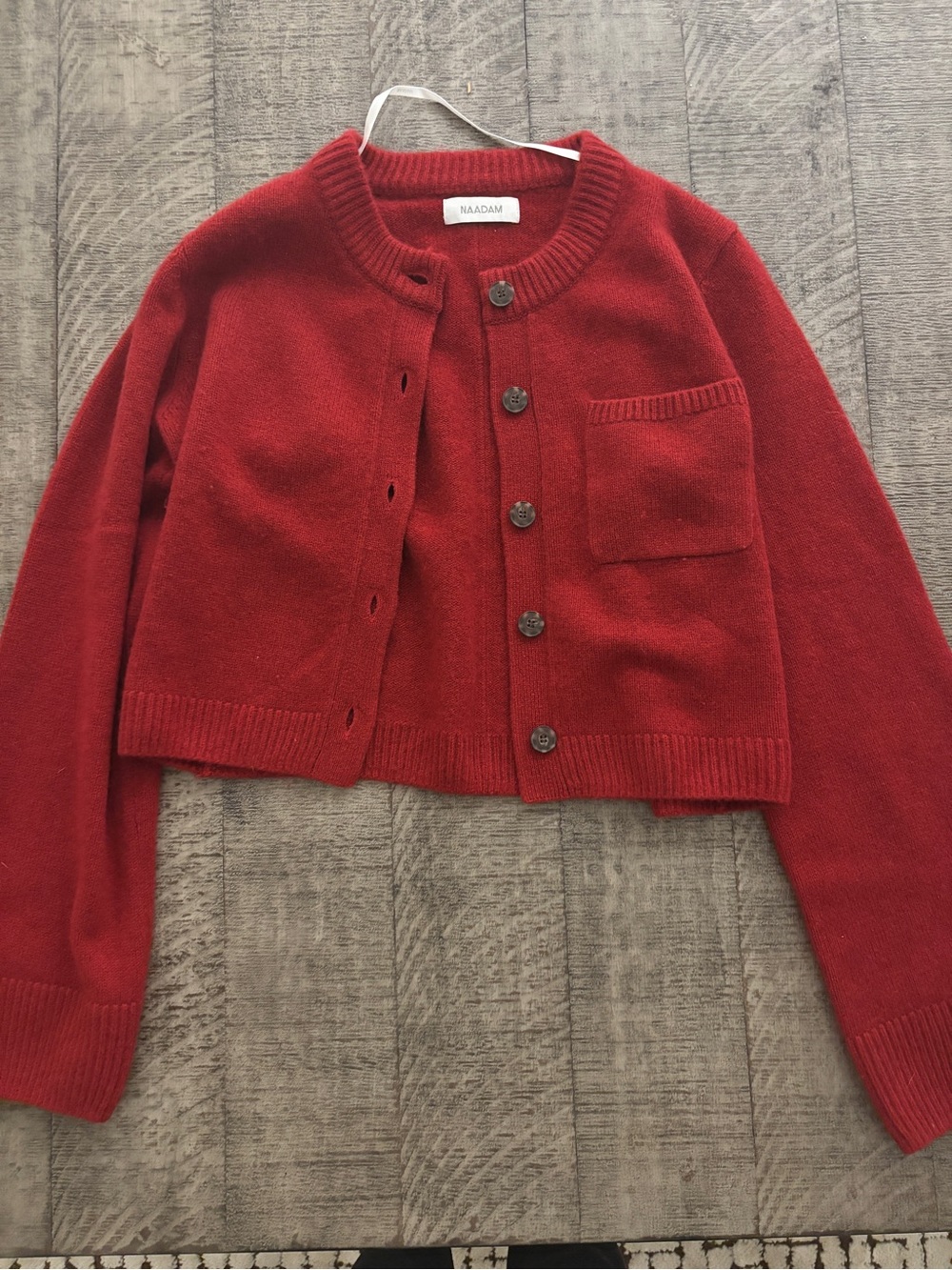 NAADAM Red Cropped Cashmere Cardigan with Patch Pocket